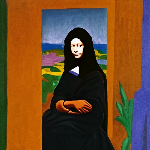 Image similar to an Afro American girl as Mona Lisa by Jacob Lawrence