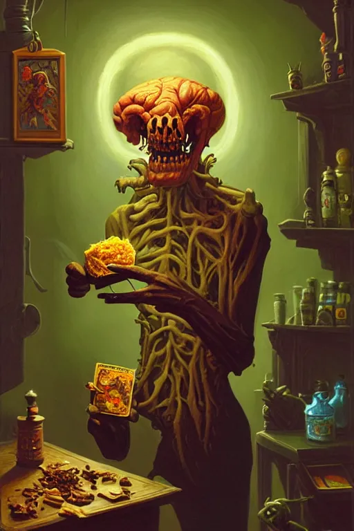 Prompt: classic oil painting, an adorable ghoul that is opening a jar of brains, as a dnd character, inside a cluttered bedroom, cottagecore, highly detailed, digital illustration, concept art, smooth, sharp focus, art by tim hildebrandt, and greg hildebrandt