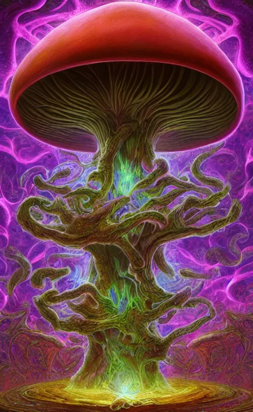 Image similar to enormous mushroom deity of the stars resides inside void manifold, mycelium forms quantum foam, fractal of scary dirac equations, portrait by ross tran, timeline nexus, ascending universes, a dnd illustration of esoteric concept by cgsociety and james gurney, artstation, hdr, rtx, iridescent wise mushroom deity