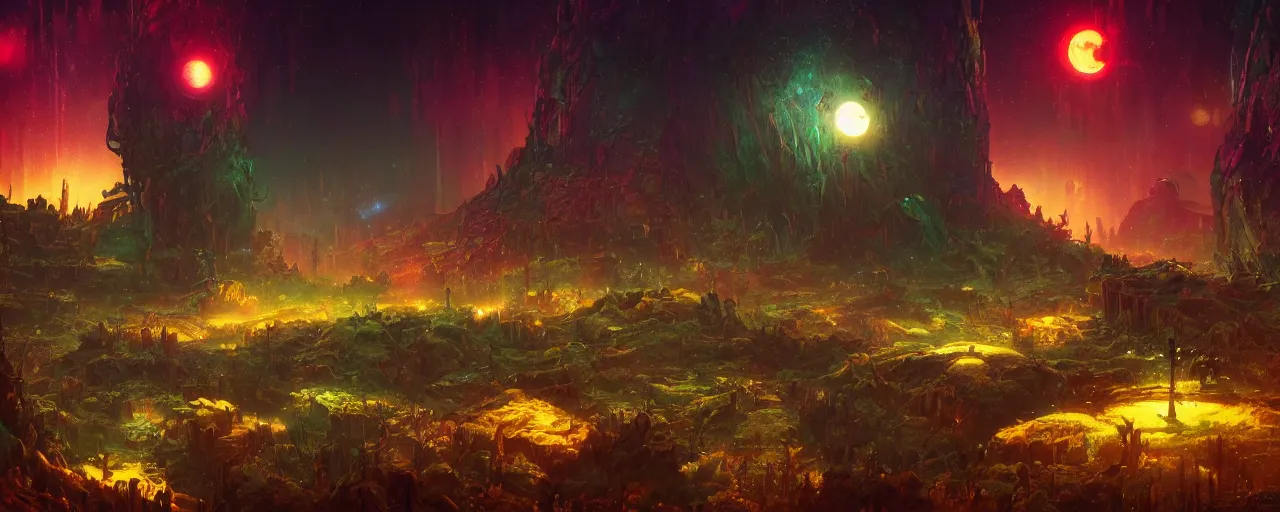 Image similar to ” otherwordly landscape at night, [ bioluminescense, cinematic, detailed, epic, widescreen, opening, establishing, mattepainting, photorealistic, realistic textures, octane render, art by slop and paul lehr ] ”