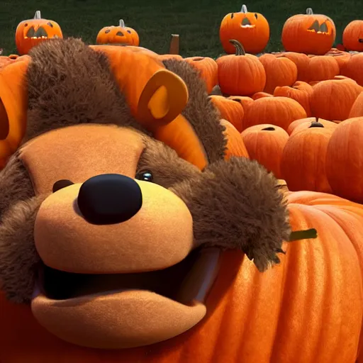 Prompt: a cute smiling bear made out of pumpkins, unreal engine