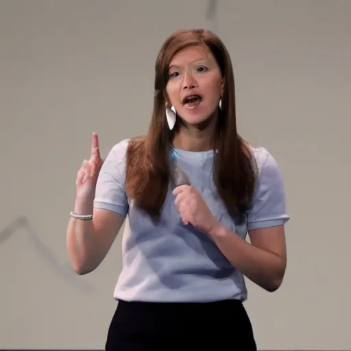 Prompt: reuters photograph of a female mark zuckerberg giving a keynote speech on apple park