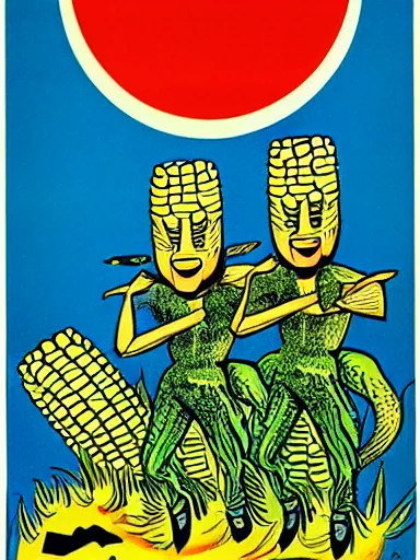 Prompt: a 1960s soviet propaganda poster about the dangers of corn monsters