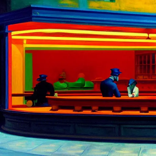 Image similar to Nighthawks by Edward Hopper, ultra realistic, HD,
