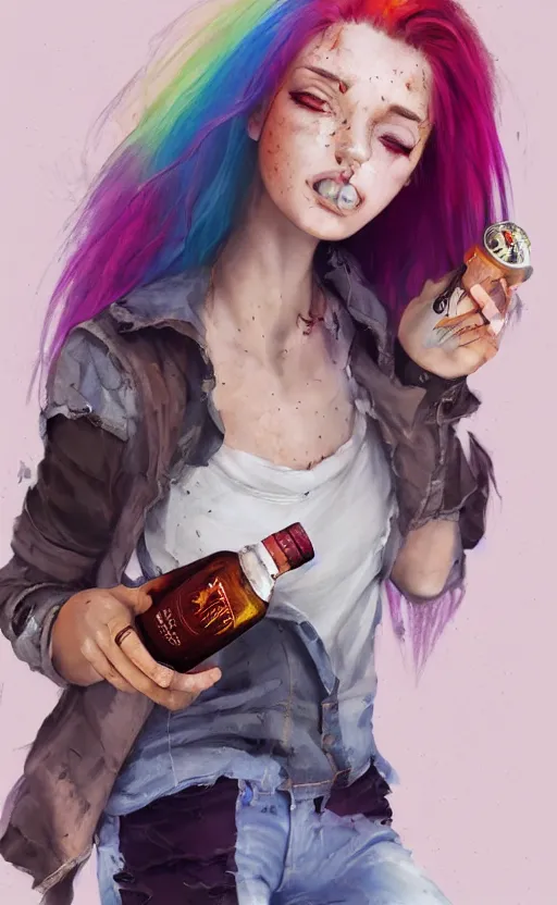 Image similar to a grungy woman with rainbow hair, happy, holding bottle of whiskey, soft eyes and narrow chin, dainty figure, long hair straight down, torn kawaii shirt and baggy jeans, basic white background, In style of by Jordan Grimmer and greg rutkowski, crisp lines and color,