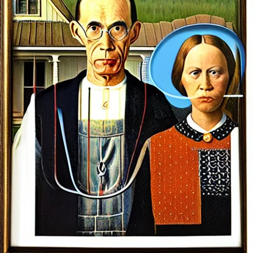 Image similar to A portrait of American Gothic by Grant Wood, but the people are astronauts.