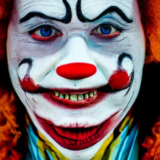 Image similar to An extreme close up photograph of a clown's painted face