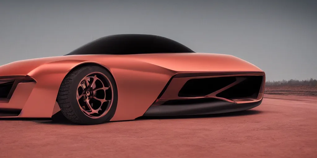 Image similar to a design of a futuristic race car, lifted off-road tires, designed by Polestar and DMC, vaporwave sunrise background, brushed red copper car paint, black windows, dark show room, dramatic lighting, hyper realistic render, depth of field