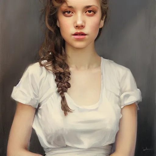 Prompt: A sincere-looking girl, oil on canvas, long white dress ,masterpiece, hi-fructose, artgerm , Norman rockwell, craig mullintrending on pxiv, highly detailed face, clear eyes concept art, hdri, 4k