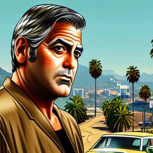 Image similar to george clooney in gta v. los santos in background, palm trees in the art style of stephen bliss