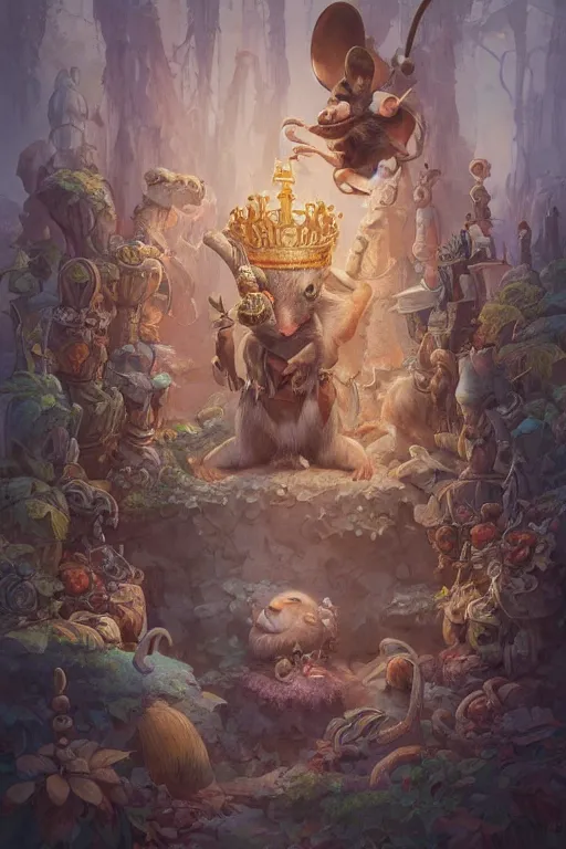 Image similar to portrait of the mousefolk wearing crown of the ancients by artgerm and Craig Mullins, James Jean, Andrey Ryabovichev, Mark Simonetti and Peter Morbacher 16k