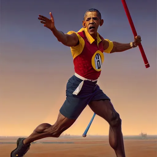 Image similar to barrack obama throwing a javelin in traditional olympic uniform, detailed, digital painting, artstation, concept art, donato giancola, joseph christian leyendecker, wlop, boris vallejo, breathtaking, high details, extremely detailed, establishing shot, artistic, hyper realistic, octane render