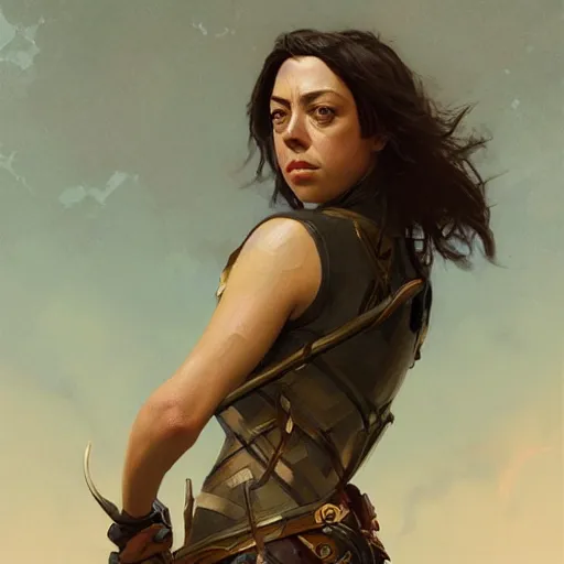 Image similar to Aubrey Plaza as a captain in the early bronze age, intricate, highly detailed, digital painting, artstation, concept art, sharp focus, illustration, art by greg rutkowski and alphonse mucha