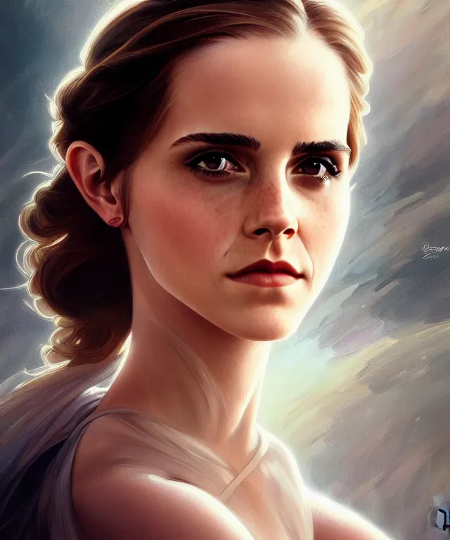 Image similar to Emma watson elegant dancer woman portrait, sci-fi, amber eyes, face, long hair, fantasy, intricate, elegant, highly detailed, digital painting, artstation, concept art, smooth, sharp focus, illustration, art by artgerm and greg rutkowski and alphonse mucha