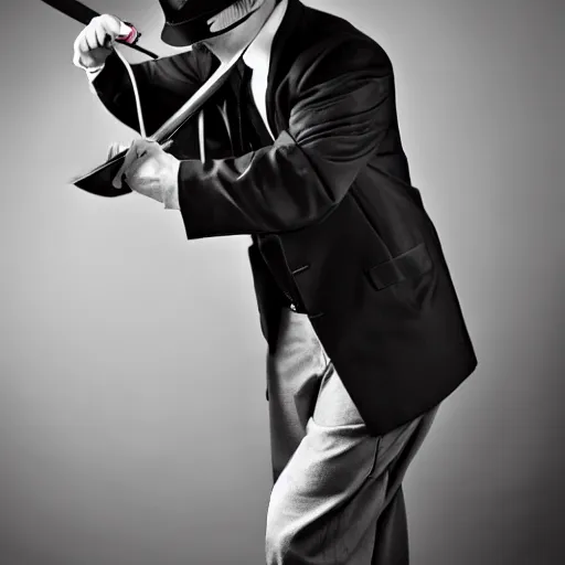 Image similar to a fedora-wearing gentleman unsheathing his magical katana,striking photography