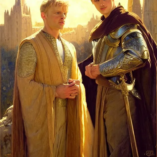 Prompt: arthur pendragon and merlin. focus on their faces. natural lighting. highly detailed painting by gaston bussiere, j. c. leyendecker, greg rutkowski 8 k