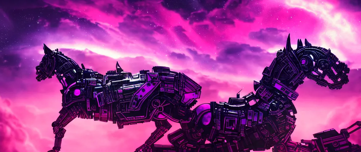 Image similar to space, a mechanical horse with a pink mohawk drives a pirate spaceship, punk, hyperdetailed illustration, stars, pink, neon, oil painting, rich deep colors masterpiece, ultra detailed, contrast, heaven pink, clouds, volumetric light, atmospheric lighting, dramatic, cinematic, moody, octane render 4 k, 8 k