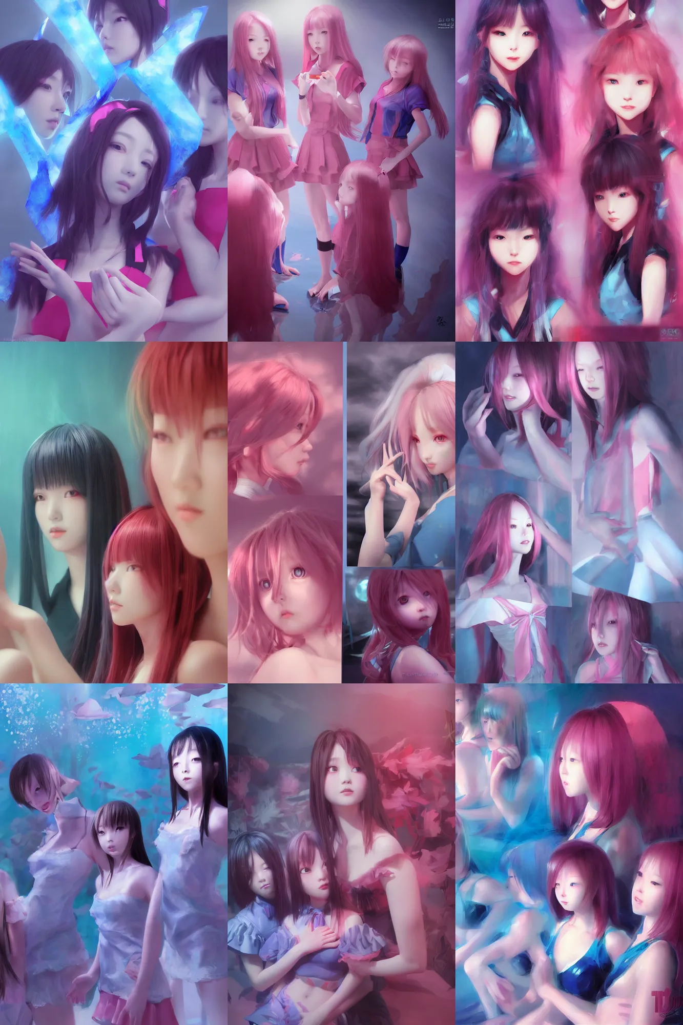 Image similar to 3d dark infrared octane render concept art by D. Jun, by Mo Xiang Tong Xiu, by Igarashi Daisuke, beauty portrait anime schoolgirls under dark pink and blue water. cute face. complex mirror room. dramatic light, trending on artstation.