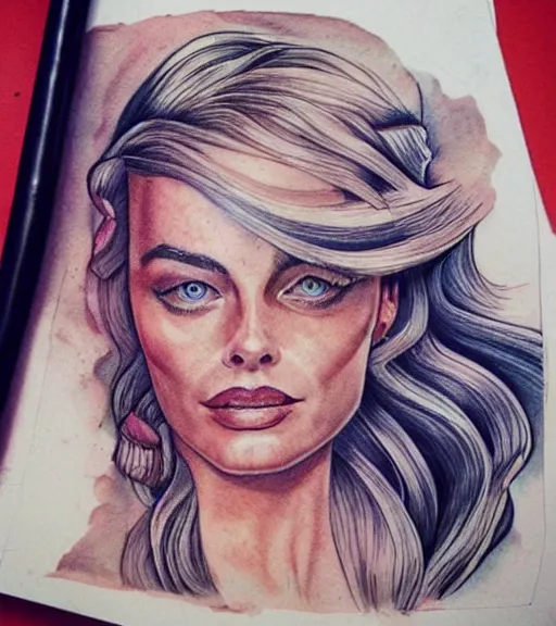 Image similar to tattoo design sketch of margot robbie and beautiful mountain scenery mash up, in the style of lesha lauz, surrealist, amazing detail, sharp