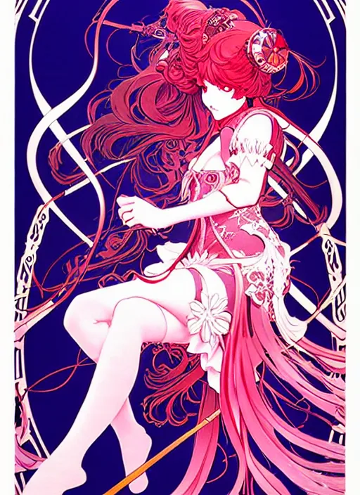 Image similar to art nouveau fate manga poster of princess, long curl hair, armor, ruffles,, fluorescent, illustration, artstation, dark fantastic, highly detailed, 8 k, maximalist, by katsuhiro otomo, shigenori soejima, minaba hideo, jump comics