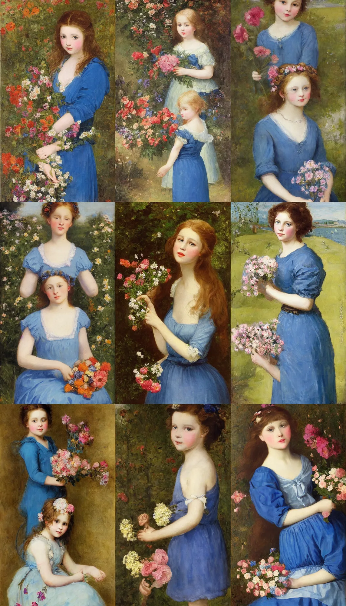 Prompt: beautiful girl, with flowers in her hand and a blue dress, Anderson Sophie