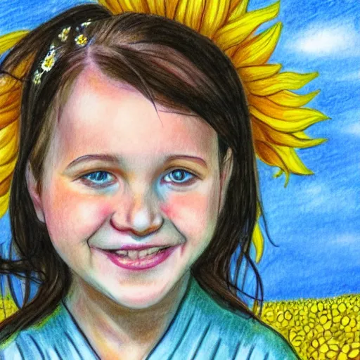 Image similar to Portrait, Drawing of a Ukrainian girl Smiling at the camera, Beautiful pretty young, flowers in her dark hair, Scene: Sunflower field, Colors: Yellow sunflowers, blue cloudy sky, In a style of Children scribbles