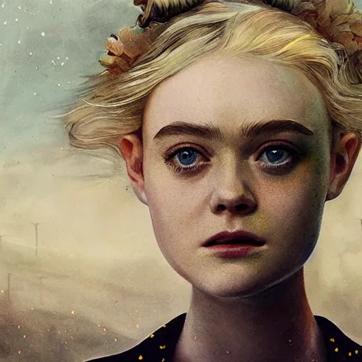 Prompt: a stunning portrait painting of Elle Fanning in a post apocalyptic landscape