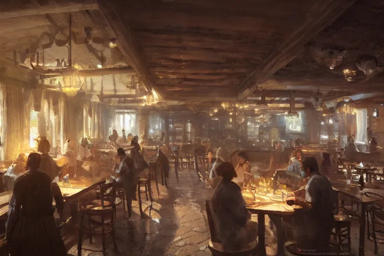 Image similar to A national geographic photo of the interior of an old inn restaurant filled with people by greg rutkowski, Trending on artstation