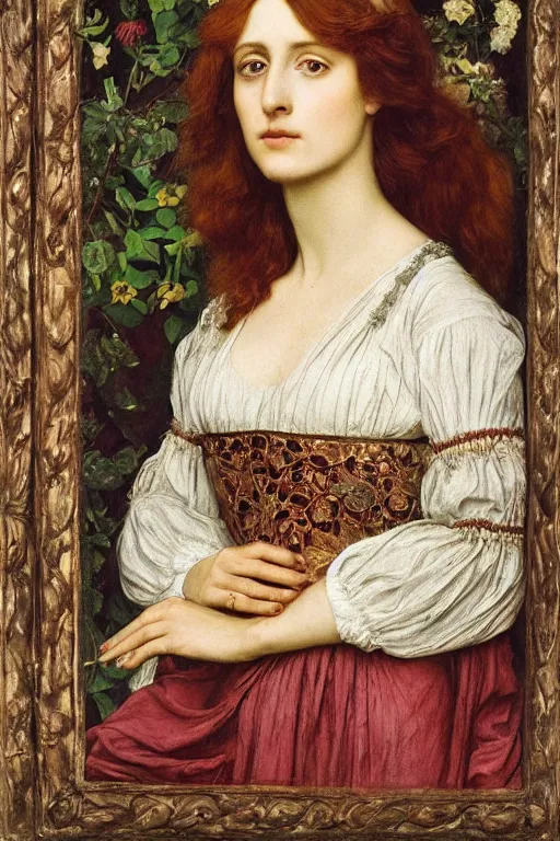 Image similar to a pre - raphaelite portrait of a woman in a mythical dress with floral decoration