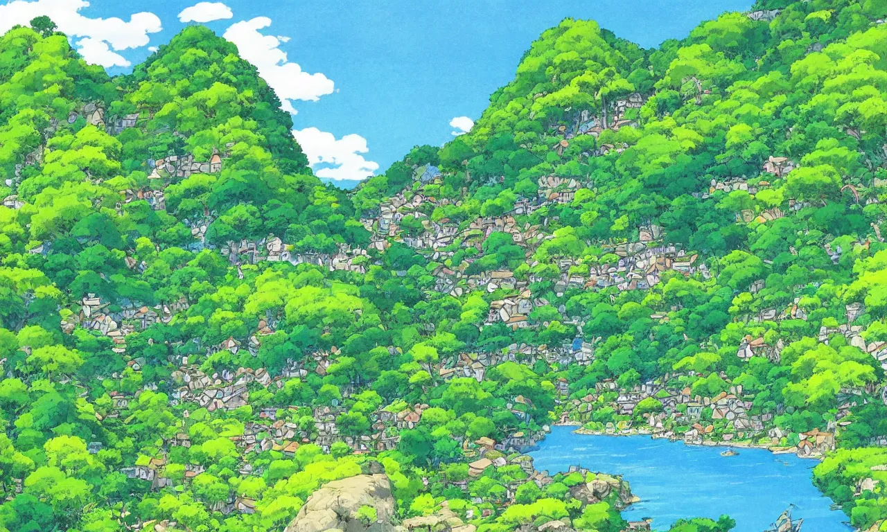 Image similar to a village down the mountain, river across the painting, blue sky, summer, green, sunshine, trees, by studio ghibli and hayao miyazaki