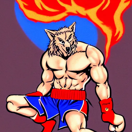 Image similar to full body portrait. 1 6 bit sega graphics. antropomorphic muscular masculine wolf, kickboxer fighter, in shorts, in front of burning street. wolf head. furr on body. at night. 1 9 8 9