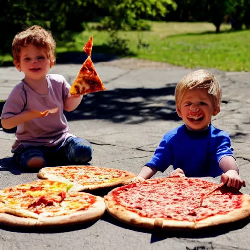 Image similar to gabriel and dresden eating pizza, outside park, sunny day, kids playing