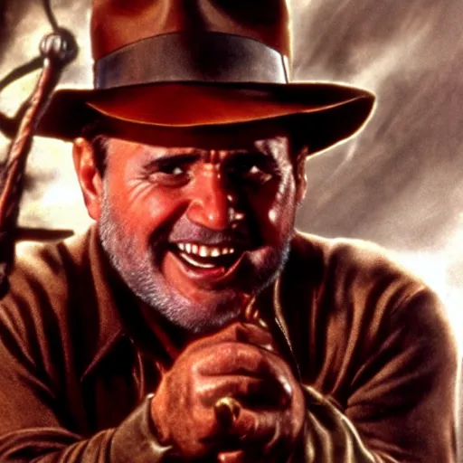 Image similar to Danny Devito as Indiana Jones, film still from Indiana Jones and the Temple of Doom, detailed, 4k