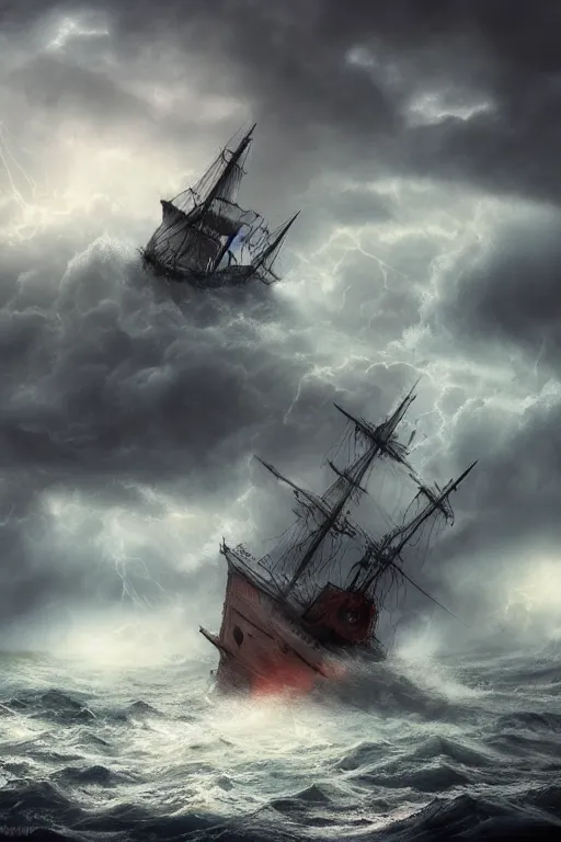 Prompt: 'ghost ship in the stormy sea, breathtaking scenery, complex artwork, CGSociety, modern lightning, vibrant and dark, flickr, HDR'