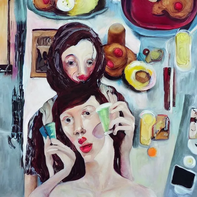 Image similar to “ sensual, a portrait in a female art student ’ s apartment, pancakes, woman drinking an iced latte from a painting, berries, art supplies, a candle dripping white wax, berry juice drips, neo - expressionism, surrealism, acrylic and spray paint and oilstick on canvas ”