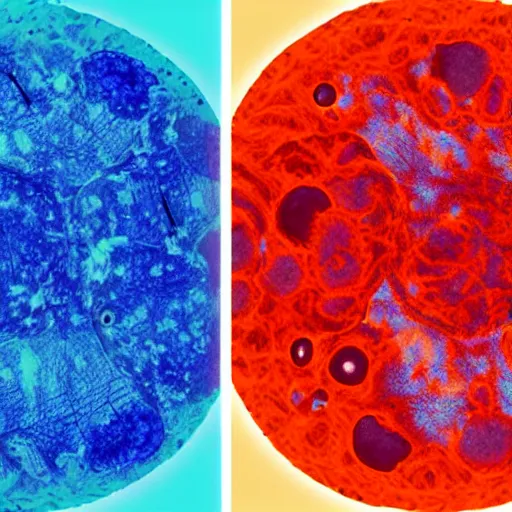 Image similar to a microscopy image showing a cell with a normal nucleus and one cell with an abnormal stained nucleus, confocal miscroscopy, paper, cell journal, cell biology, nature journal, science