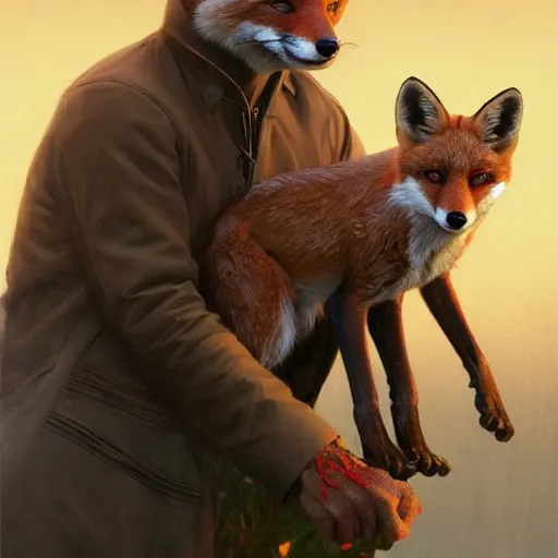 Image similar to tobey maguire and a red fox, intricate, highly detailed, digital painting, artstation, concept art, smooth, sharp focus, illustration, unreal engine 5, 8 k, art by artgerm and greg rutkowski and alphonse mucha
