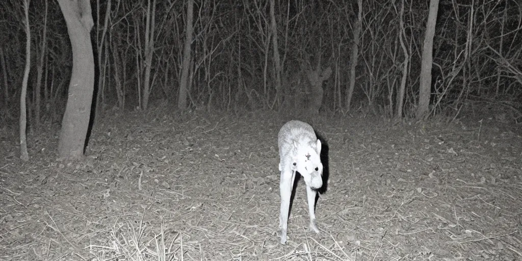 Prompt: photo of chupacabra caught on trail camera at night