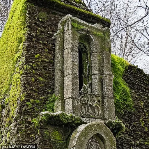 Image similar to an intricate, delicate tracery of stone, forming a beautiful ancient monument, slowly being covered by moss and lichen