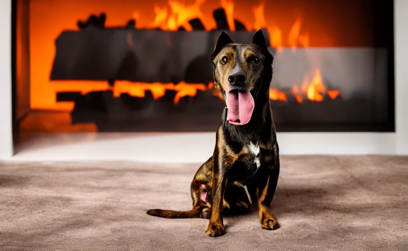 Prompt: studio photography of a dog in front of a fireplace, detailed face, cinematic lighting, 8 k