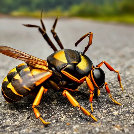 Prompt: giant wasps that are attacking crabs, hellish landscape, thunderstorm