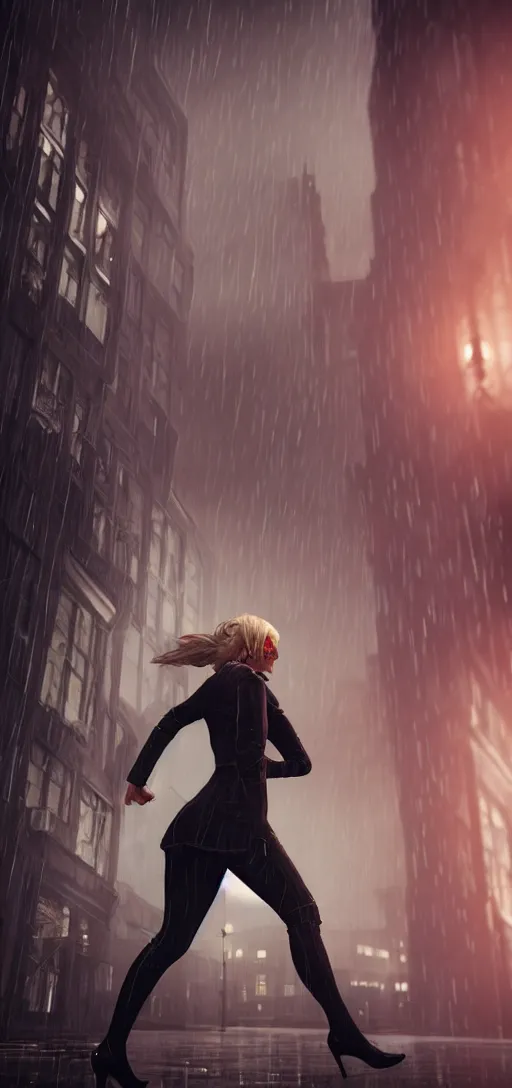 Prompt: beautiful annie leonhart running on high heels in dunwall city, redshift render, beautiful face, detailed face, cinematic lighting, rainy weather, melancholy atmosphere, volumetric light, octane render, dishonored 1, gothic architecture, realistic reflections, octane render 8 k