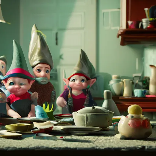 Image similar to a scandal in a gnome family, everyone breaks piles of dishes, hyperrealistic cinematic scene, expressive colors, octane render 8k