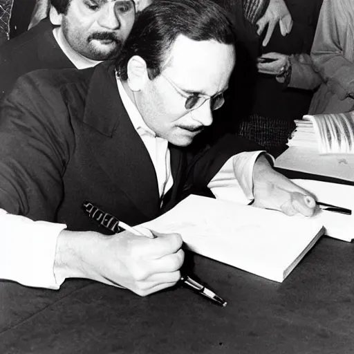 Image similar to Abdul Alhazred signs Necronomicons at a book signing event, 1974 vintage photo