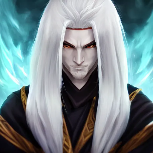 Prompt: white haired parted down the middle, black sclera white pupil, hakama wearing man, league of legends style, splash art, highly detailed, vray, trending on artstation
