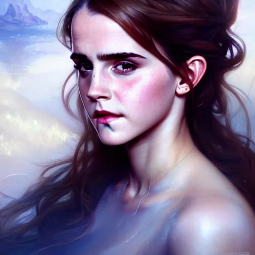 Image similar to beautiful portrait of emma watson, natural beauty expressive pose, fantasy, intricate, elegant, highly detailed, digital painting, artstation, concept art, smooth, sharp focus, luxury fashion illustration, art by artgerm and greg rutkowski and alphonse mucha, brightly lit cinematic soft lighting, photorealistic