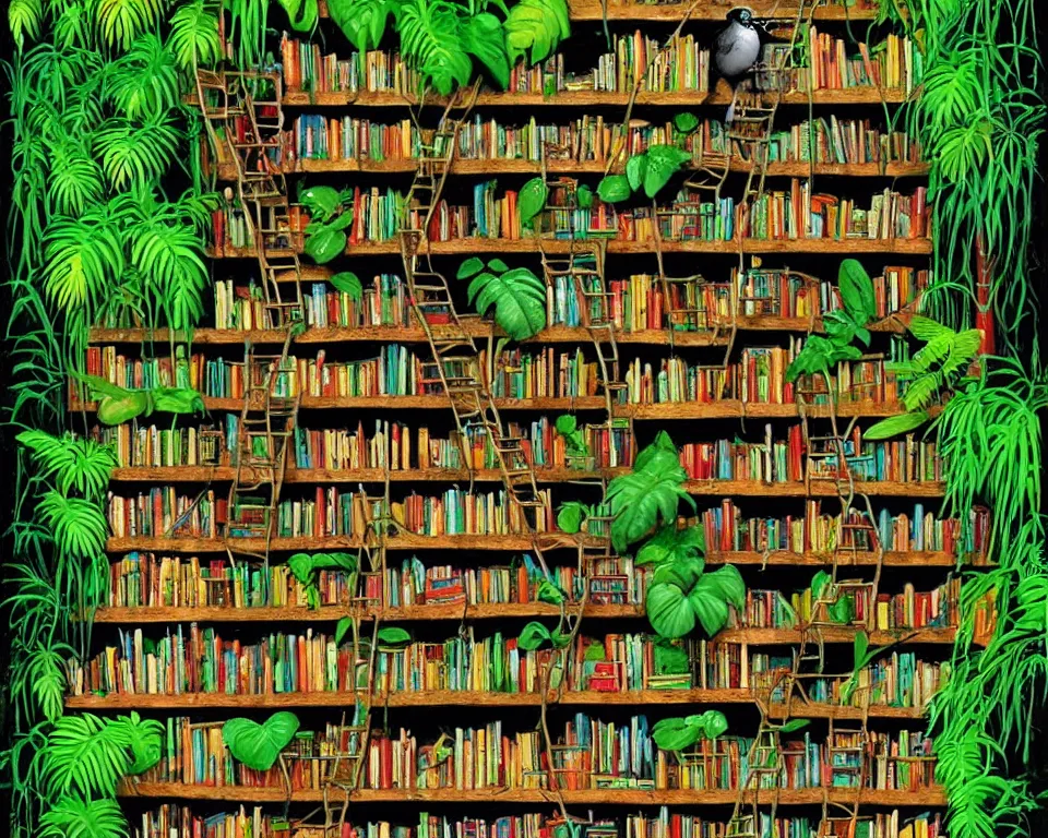 Image similar to a bookshelf in the rainforest by banksy. detailed, proportional, romantic, enchanting, achingly beautiful, graphic print, trending on artstation, jungle, tropical, foliage