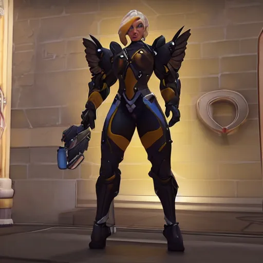 Image similar to a screenshot of arnold schwarzenegger as mercy in overwatch, full body shot