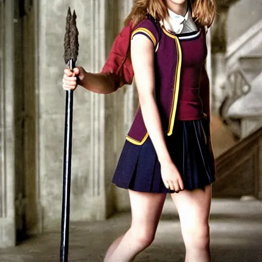 Prompt: emma watson as hermione granger in her school uniform, short miniskirt, holding her broomstick, photo shoot, cute