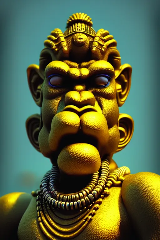 Image similar to high quality 3 d render hyperrealistic cyberpunk hanuman head building, neon yellow madhubani, highly detailed, in sci - fi mumbai, unreal engine cinematic smooth, liam wong, moody light, low angle, uhd 8 k, sharp focus